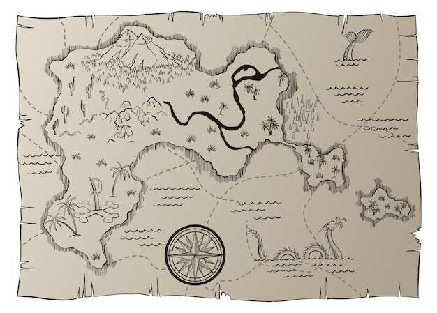 向量古董藏宝图。卡通岛地图模板下一个层次——冒险追求或寻宝游戏。海盗枯燥乏味的地图windrose和龙。手绘的矢量插图