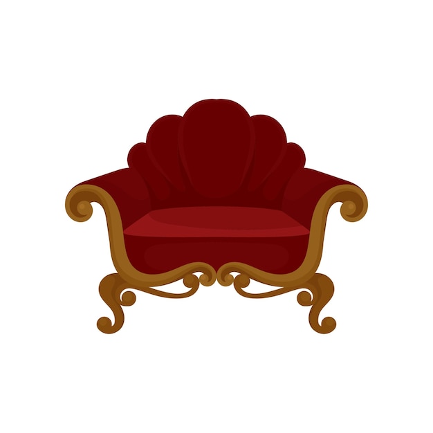 Antique wooden armchair with velvet upholstery Cozy chair with soft red trim Classic furniture for living room Element of home interior Colorful flat vector design isolated on white background