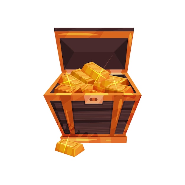 Antique wooden chest filled with shiny golden ingots Pirate treasures Graphic design element for mobile game interface Cartoon flat vector icon