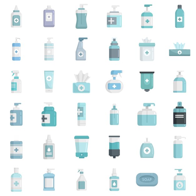 Antiseptic icons set. Flat set of antiseptic vector icons isolated on white background