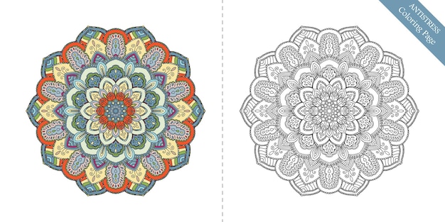 大人のための抗ストレスぬりえページ リラクゼーション瞑想絵画ヨガのロゴの花曼荼羅装飾的な丸い飾りベクトル花柄豊かな質感複雑な東洋のデザイン要素