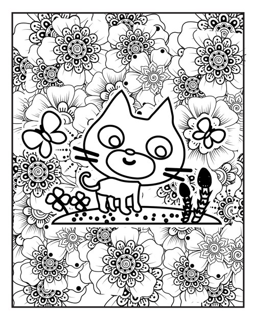 Antistress coloring page with cat and flower pattern