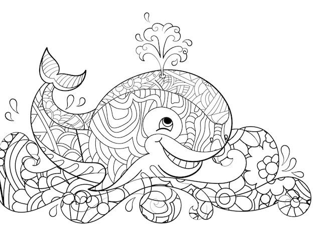 Vector antistress coloring whale on the waves scribbles black lines pattern white background big fish in water vector