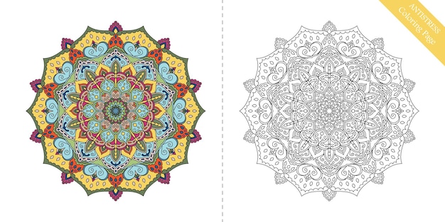 Antistress kleurplaat voor volwassenen Bloemenmandala voor ontspanning, meditatie, schilderen, yoga-logo Decoratief rond ornament Vector bloemmotief Rijke textuur Ingewikkelde oosterse ontwerpelement