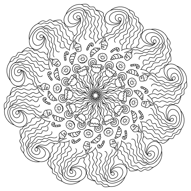 Antistress mandala with drink and sweet pastries contour coloring page with zen waves and patterns