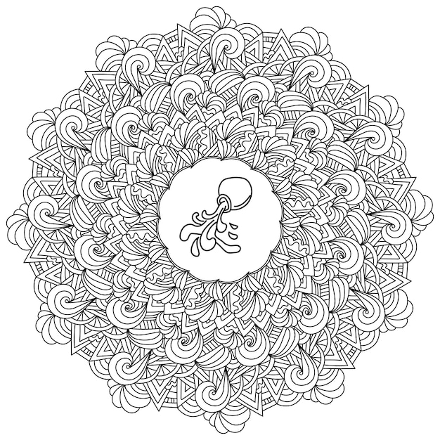 Antistress mandala with waves curls and zodiac sign aquarius in the center zen coloring page