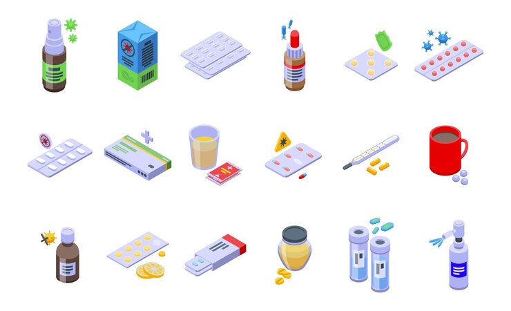 Vector antiviral medicines icons set isometric vector. covid syringe. corona drug