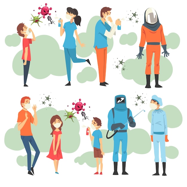 Antivirus characters in different situations cartoon vector illustration