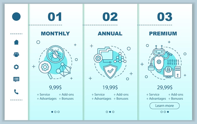 Canone di abbonamento al software antivirus per l'onboarding delle schermate delle app mobili con i prezzi del servizio