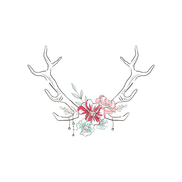 Рога с цветами ручной работы цветочная композиция с рогами оленя векторная иллюстрация на белом фоне