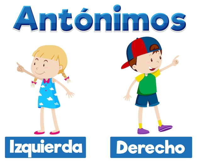 Vettore carta delle parole antonimiche izquierda e derecho in spagnolo