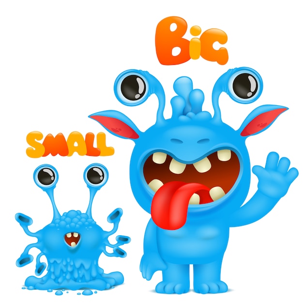 Antonyms and opposites. Cartoon monster character cards for learning english language. Big and small