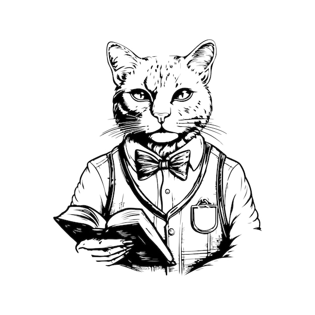 Antropomorfe kat vintage logo lijntekeningen concept zwart-witte kleur hand getekende illustratie