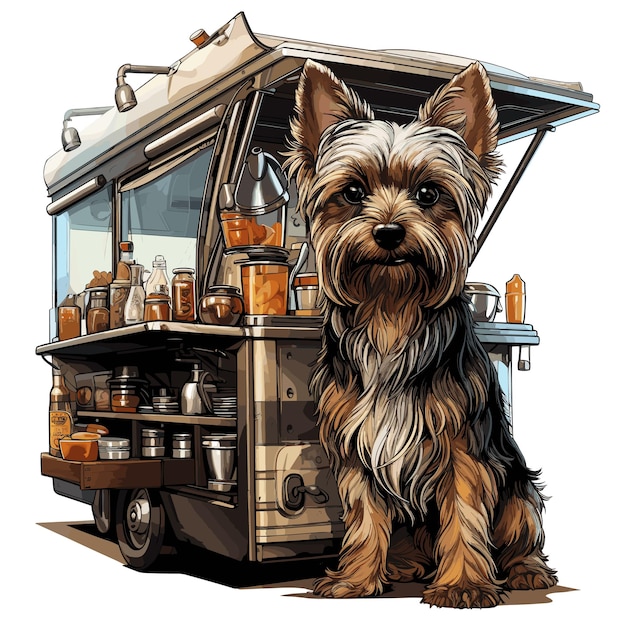 an antropomorphic yorkshire terrier serving coffee Generative Ai