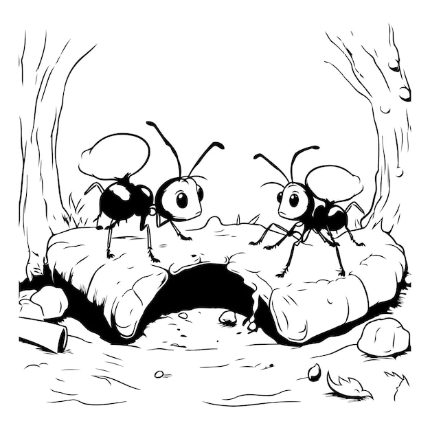 Vector ants in a hole black and white vector illustration for coloring book