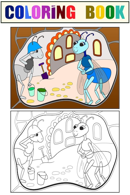 Муравьи дома королева Детская иллюстрация Набор раскраски и цветная картинка