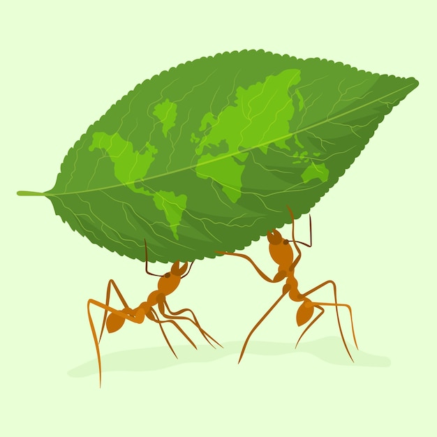 Ants and leaf with map Environmental concept