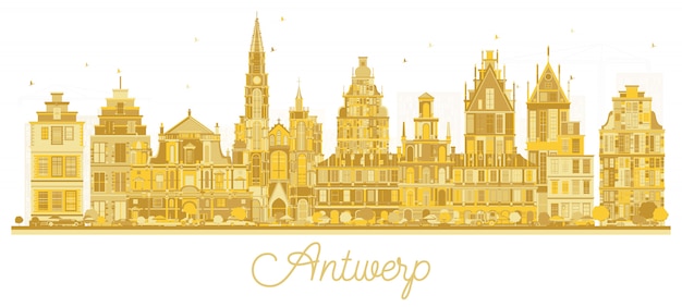 Vector antwerp belgium city skyline silhouette with golden buildings isolated on white.