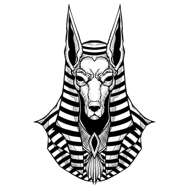 Vector anubis is de god van egypte hand tekenen zwart witte achtergrond