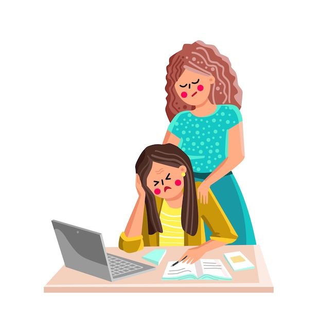 Anxiety woman couple working at laptop vector. sad anxiety\
woman sitting at office table with closed eyes and colleague making\
soothing massage. characters flat cartoon illustration