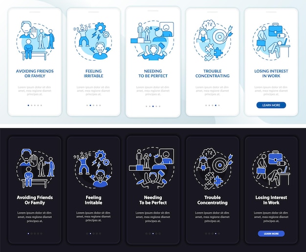 Anxiety at work night and day mode onboarding mobile app screen. stress walkthrough 5 steps graphic instructions pages with linear concepts. ui, ux, gui template. myriad pro-bold, regular fonts used