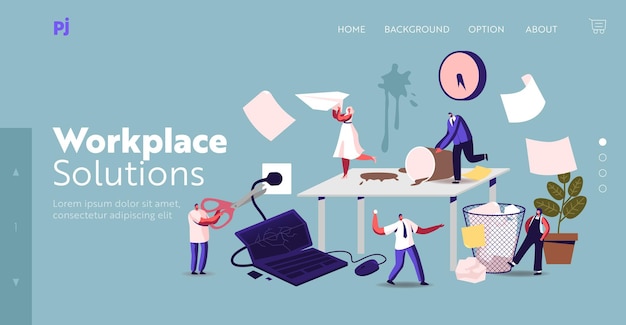 Anxious business characters in chaos office workplace landing page template. deadline failure, stressed workers hurry up with job. employees in panic stress workday. cartoon people vector illustration