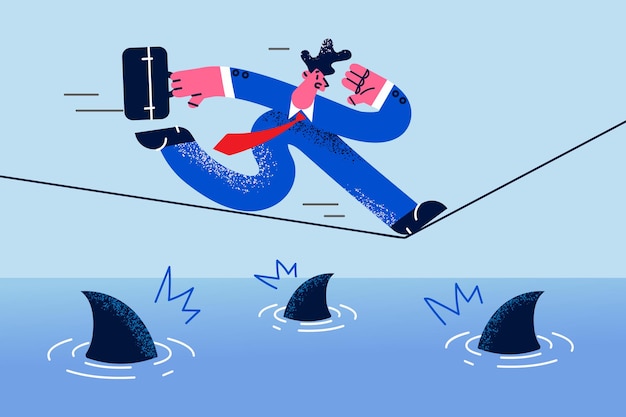 Vector anxious businessman run on thin rope with sharks underneath involved in risky business project. scared man employee engaged in risk or challenge at work, feel in danger. flat vector illustration.