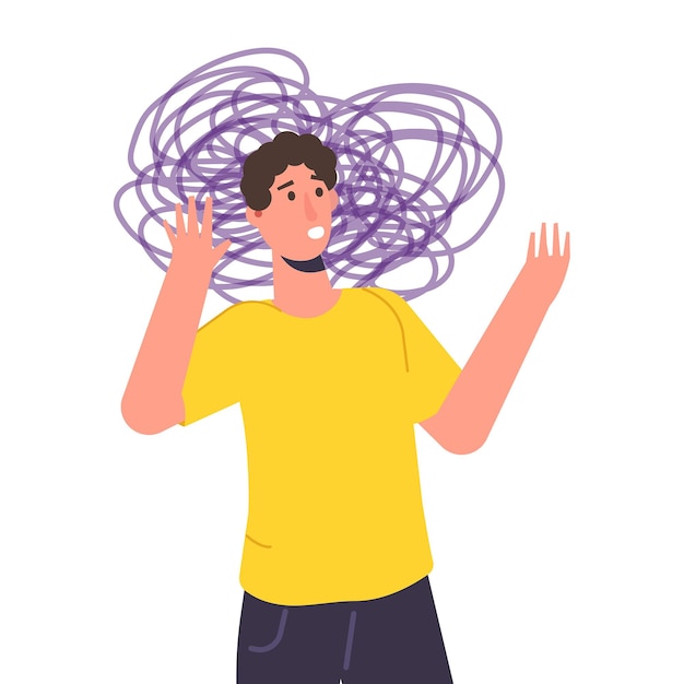 불안, 우울증. 정신 건강, 불안, 자기기만 개념. 평면 벡터 일러스트 레이 션