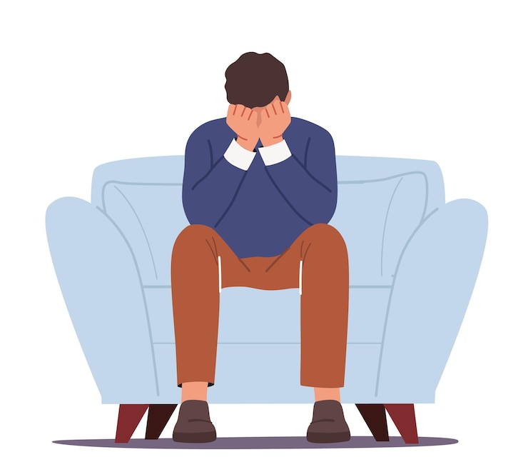 Vector anxious man sitting on sofa cover face with hands crying feel frustrated depressed businessman suffer of depression crisis anxiety problem sad male character cartoon people vector illustration