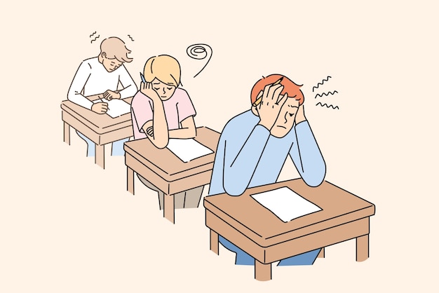 불안한 학생들은 교실에서 시험을 씁니다.