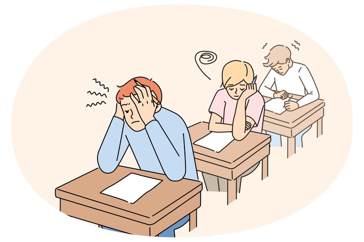 Vector 불안 한 학생 들 은 교실 에서 시험 을 쓰고 있다