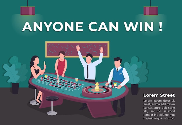 Anyone can win poster flat  template. man win at spinning roulette wheel. premium entertainment. brochure, booklet one page concept design with cartoon characters. casino flyer, leaflet