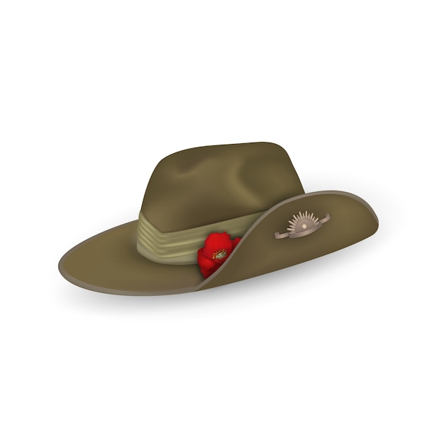 Vector anzac australian army slouch hat with red poppy isolated. design elements for anzac day or remembrance armistice day in new zealand, australia.