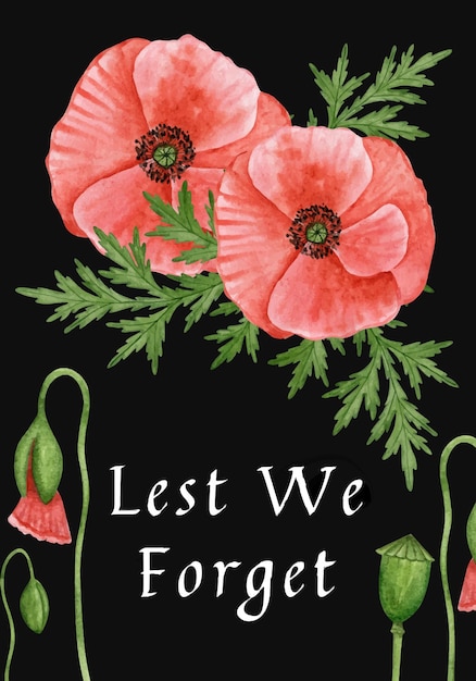 Шаблон дизайна открытки ко дню Анзака День памяти ветеранов Нарисованная вручную акварельная иллюстрация
