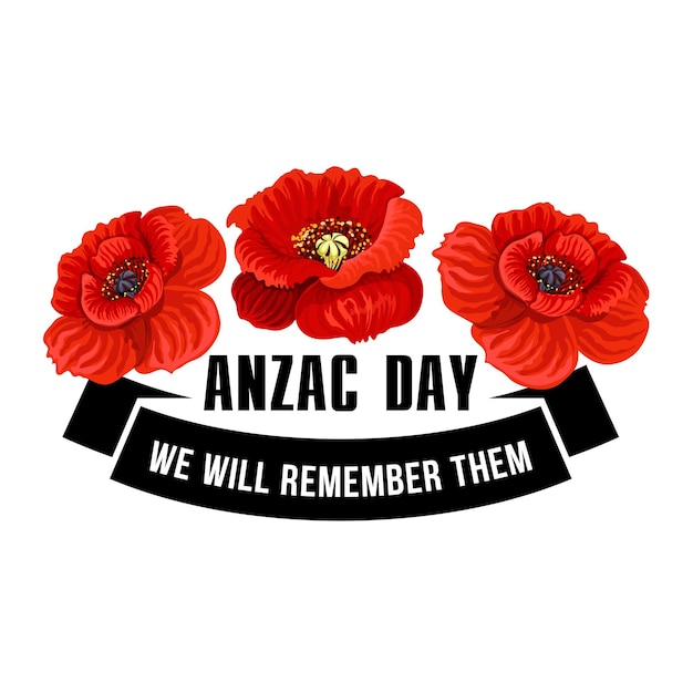 Vector anzac day icon of poppy flower with black ribbon