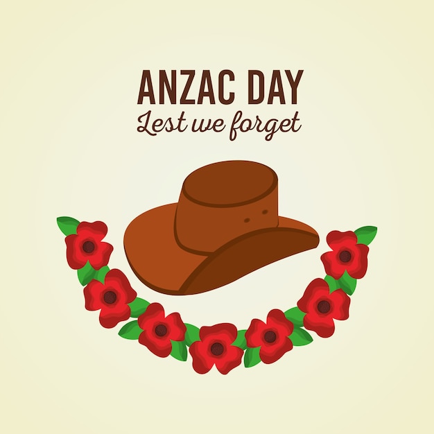 Vector anzac day lest we forget poster hat and flowers