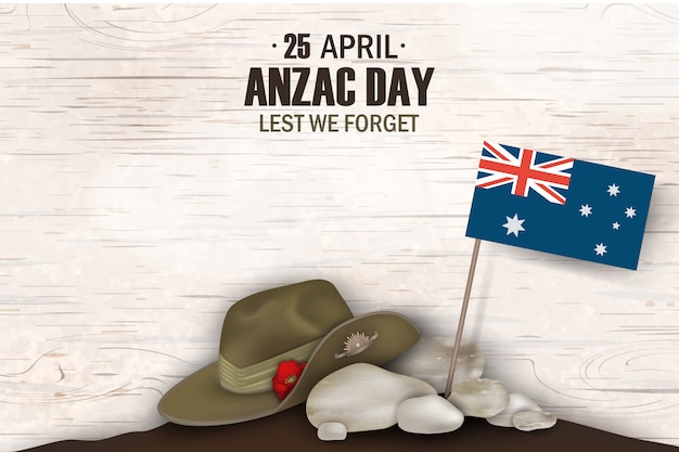 Anzac day poppies memorial anniversary holiday. lest we forget. anzac day 25 april australian war remembrance day poster or greeting card design of australian flag, anzac army slouch hat.