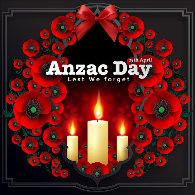 Anzac Day vector poster. Lest We forget. with nice red poppy flower on paper color background.