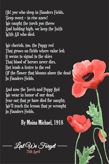 Anzac day vector poster lest we forget with watercolor red poppy flower in black background