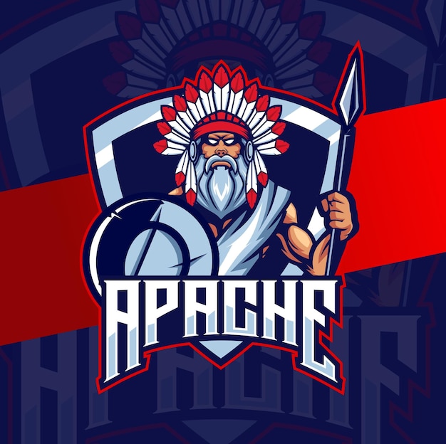 Apache indian chief mascotte esport logo-ontwerpkarakter voor gaming en sportlogo