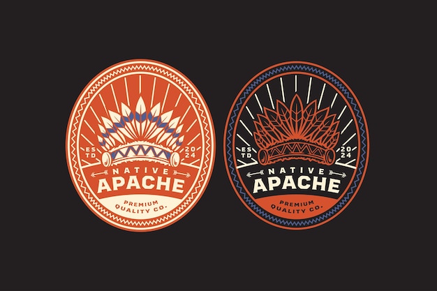 Vettore apache war bonnet indian hat badge logo design per l'avventura nativa e il business della cultura all'aperto