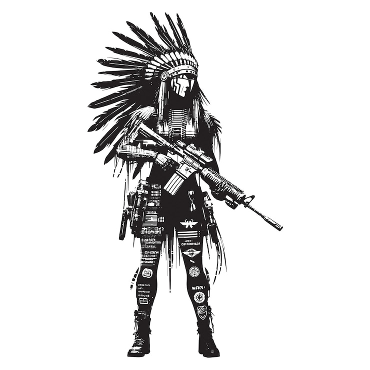Vector apache warrior female silhouette in cyberpunk pattern black and white illustration