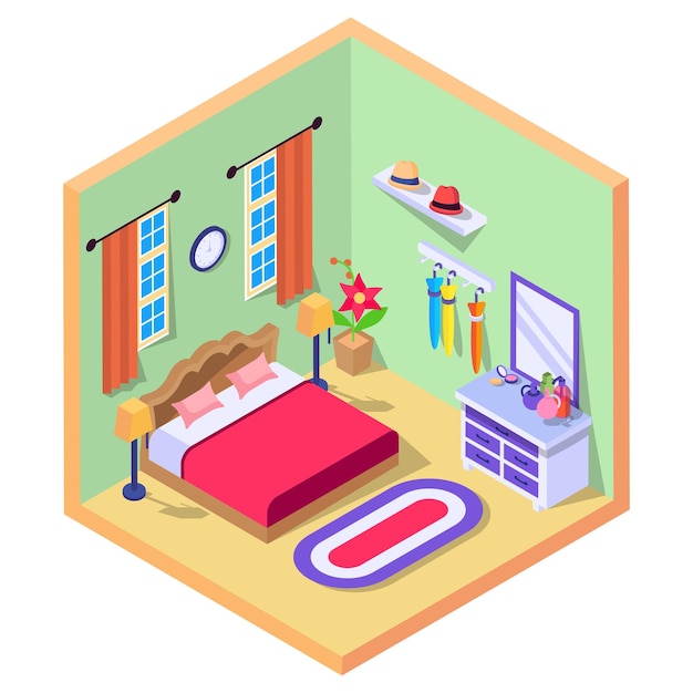 Apartment Bedroom View Concept Studio Room with Dressing vector color isometric icon design compact