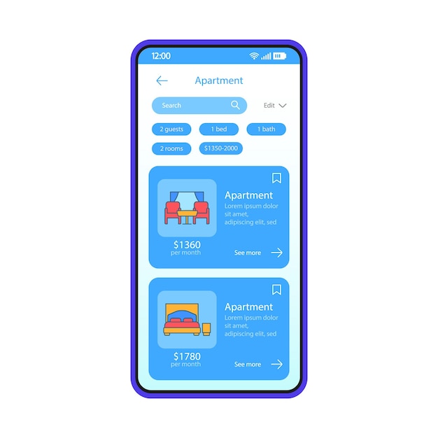 아파트 예약 앱 인터페이스 벡터 템플릿입니다. 모바일 앱 인터페이스 블루 디자인 레이아웃입니다. 임대 검색 스마트 폰 응용 프로그램을위한 거주. 플랫 Ui. 아파트 가격표가 있는 전화 디스플레이