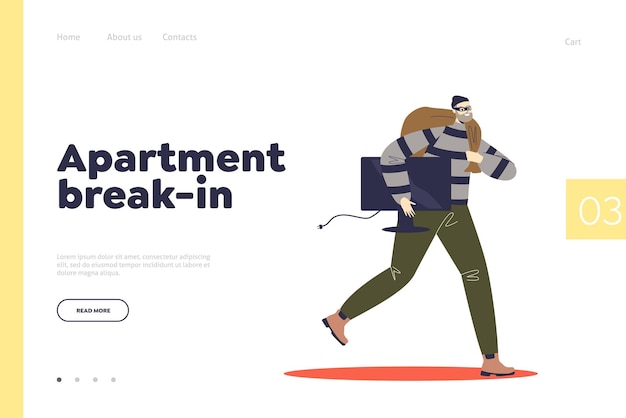 Apartment break-in concept of landing page with criminal running with stolen tv after housebreaking robbery. Cartoon burglar escaping with modern plasma. Flat vector illustration