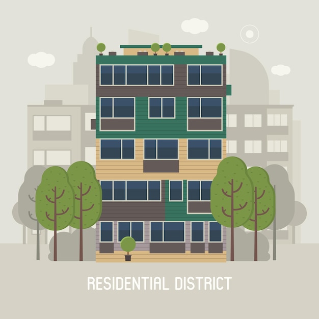 Apartment building front view on urban background modern living house on town landscape vector illustration urban home in residential district modern city concept for real estate agency