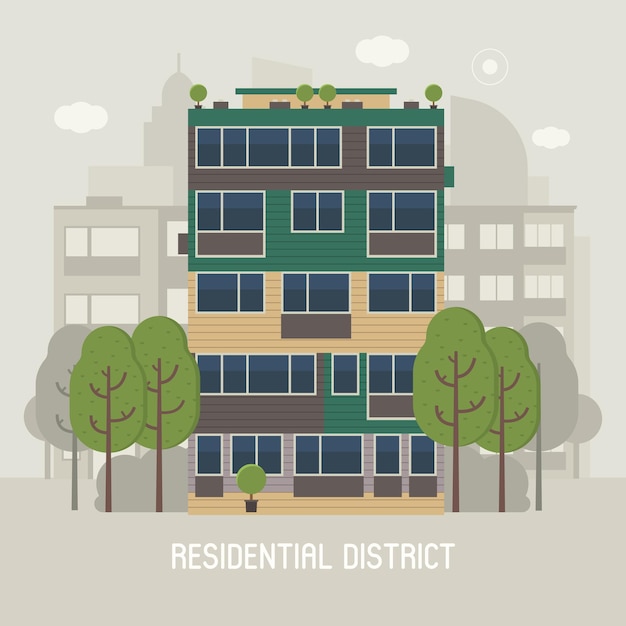 Apartment building front view on urban background Modern living house on town landscape vector illustration Urban home in residential district Modern city concept for real estate agency