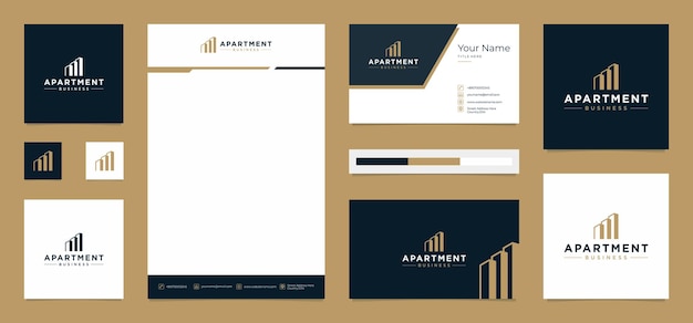 Vector apartment building logo design with business card and letterhead