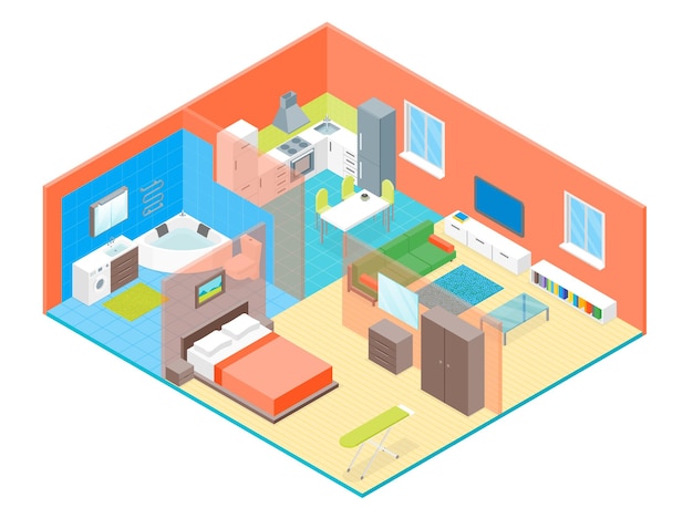 Apartment Family Rooms Interior with Furniture Isometric View Vector