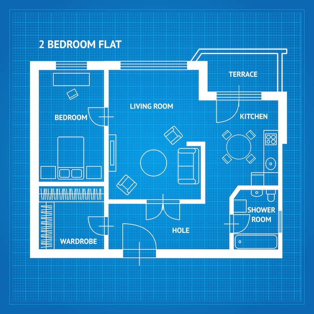 Vector apartment floor plan blueprint with furniture top view